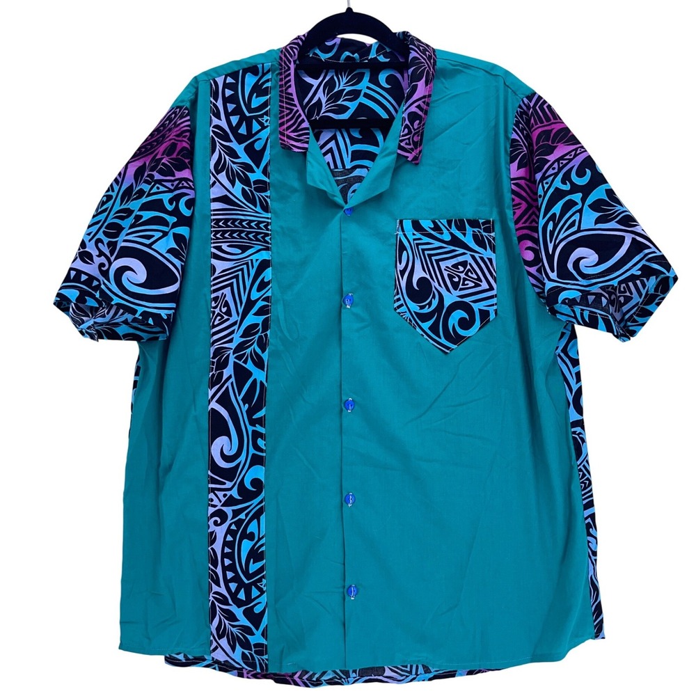 Handmade Teal Tribal Polynesian Print Tapa Button Up Shirt XL Hawaiian Aloha